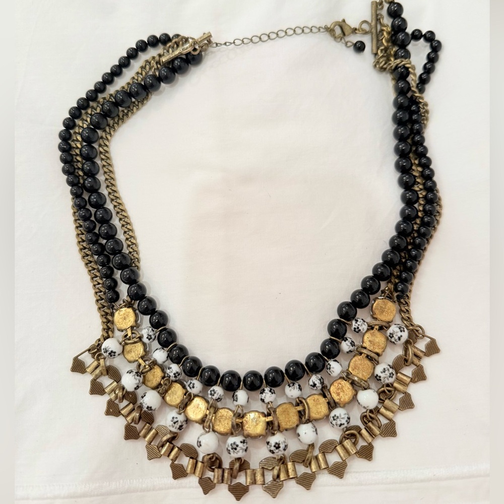 Elegant Black and Gold Beaded Bib Necklace